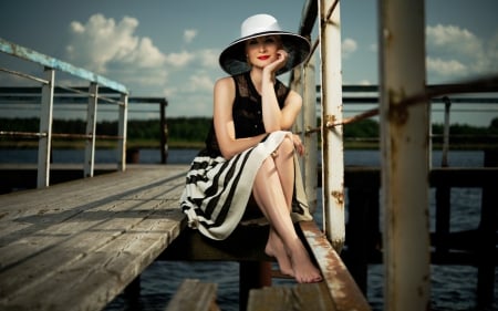 Beauty - white, summer, black, hat, girl, woman, dress