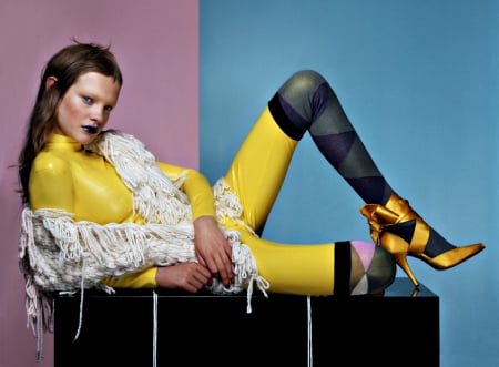 Natalia Vodianova - natalia vodianova, pink, model, stilettos, yellow, girl, blue, shoes, woman, autumn, fashion