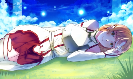 That Was A Good Nap - asuna, sword, wallpaper, brown hair, anime, anime girl, girl, skirt, sword art online, armor, aincrad