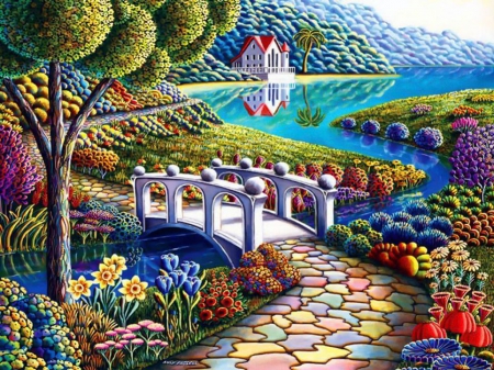 Springtime Park in 3d - flowers, house, path, river, artwork, tree, bridge