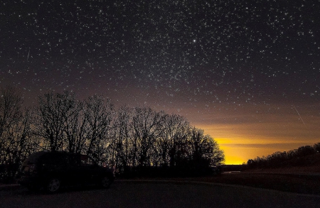 View is worth pondering - trees, car, sunset, stars