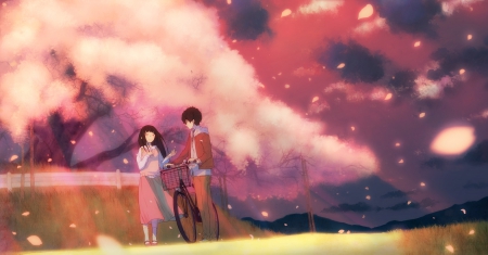 Cherry Blossoms - wallpaper, green eyes, cherry blossoms, brown hair, anime, violet eyes, bicycle, oreki houtarou, long hair, black hair, chitanda eru, hyouka