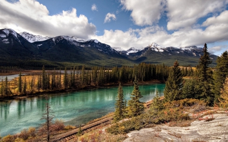 Splendor - mountains, trees, clouds, river