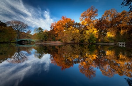 Reflection of Lake - sky, lake, reflection, clouds, bridge, stone, autumn