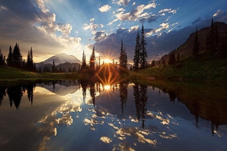 Double Sunstar - lake, reflection, nature, sunstar