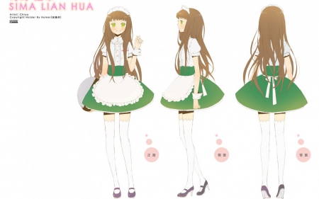 maid - Long hair, green, brown, dress as a maid