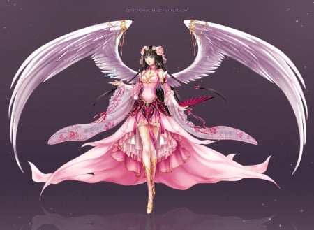 Angel - nice, female, hot, angel, wings, anime girl, elegant, angelic, gorgeous, pretty, anime, feather, maiden, lady, sexy, girl, long hair, gown, lovely, cg, hd, sublime, pink, wing, sweet, dress