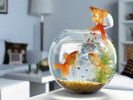 fish jump - goldfish, water, stones, bowl