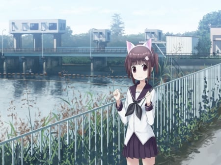 By the River - cute, anime girl, adorable, girl, scenery, river, pretty, water, kawaii, sweet, anime, fence, nice, lovely, scene, female, straem