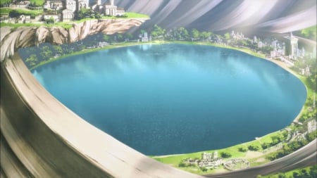 SAO: Urd's Lake - beauty, nice, water, sao, white, home, pretty, reflection, anime, green, house, pond, scene, lake, building, scenic, landscape, lovely, town, sowrd art online, blue, beautiful, scenery, city, sweet, alo