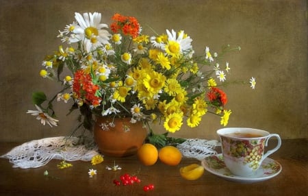 Still life - wild flowers, fruits, photography, tea, time, still life, cup, abstract, floral, yellow, red, apricots, colors, flowers, daisies