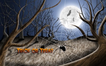 Trick or Treat - spider, moon, bats, trees, seasonal, halloween, night