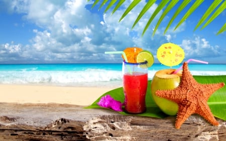 Tropic Cocktails - summer, coast, blue, beach, island, cocktail, isle, shore, SkyPhoenixX1, holiday, paradise, sky, sun, clouds, abstract, drinks, water, vacation, photography, sea, sunshine, ocean, glasses, waves