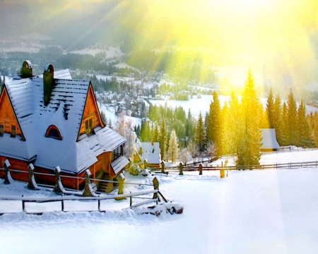 Sunrise over Winter Landscape - nature, landsapes, sunshine, houses, trees, snow, winter