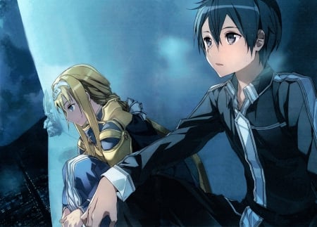 Long Time, No See - knight, night, wallpaper, kirito, black hair, armor, kirigaya kazuto, alice schuberg, alice, blonde hair, anime, uniform, sword, sword art online