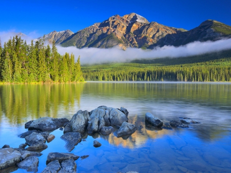 Pyramid Lake, Canada - trees, summer, crystalline water, beautiful, blue sky, forest, mountain, Jasper National Park, lake