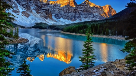 Blue Reflection - pine trees, snow, lake, scenic, peaks, reflection, mountain