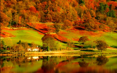 Autumn season - season, slope, autumn, trees, foliage, fall, view, reflection, calmness, river, houses, lake, hills, mountain, cabins, serenity, nature, tranquil, beautiful, mirror, colors