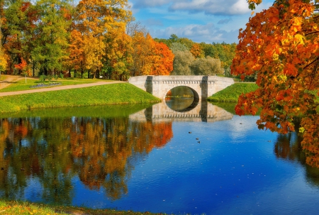 Autumn bridge - autumn, lake, trees, park, lovely, foliage, nature, fall, reflection, tranquil, mirror, beautiful, river, colors, bridge