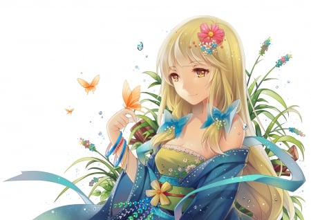 Orange Butterfly - flower, bonde, beautiful, blonde, sublime, anime girl, girl, white, elegant, blonde hair, lady, gorgeous, floral, madien, pretty, beauty, sweet, anime, hd, dress, cg, long hair, divine, butterfly, nice, lovely, sexy, female