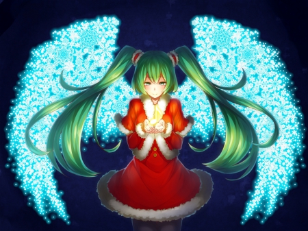 Christmas Note - pretty, magic, snowflakes, miku hatsune, twin tail, female, wing, angel, happy, nice, musical note, beauty, cg, wings, cute, vocaloid, anime, kawaii, twintail, hatsune miku, green hair, long hair, red, hd, smiling, notes, christmas angel, twin tails, anime girl, twintails, beautiful, girl, lovely, sweet, christmas, glow, glowing, fantasy, smile, flakes, miku, adorable, hatsune, vocaloids