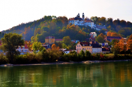 Donau River at Passau, Germany - fall, water, houses, trees, colors, autumn