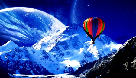 Hot Air Balloon over Snow-Covered Mountains - abstract, snow, hot air balloons, 3d and cg, winter, mountains, landscapes