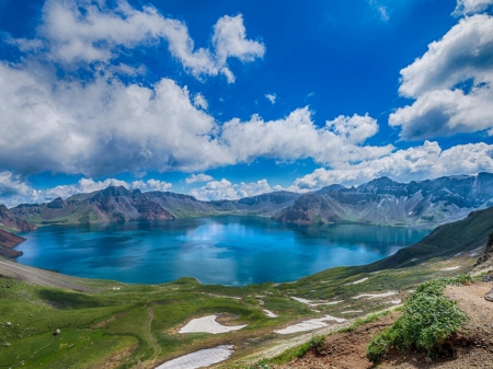 Blue lake in the mountains - sky, lake, mountains, clouds