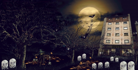 Spooky Hotel - halloween, graveyard, leaves, cemetery, hotel, tombstones, scarecrow, building, graves, bats, full moon, moon, trees