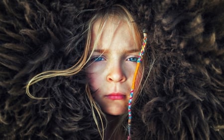 Portrait - face, portrait, child, blonde, fur, blue eyes, girl