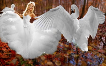 •✿• ♡ •✿• - bride, blondie, water, swan, girl, forest, leaves, white, autumn, woman, lake, feathers