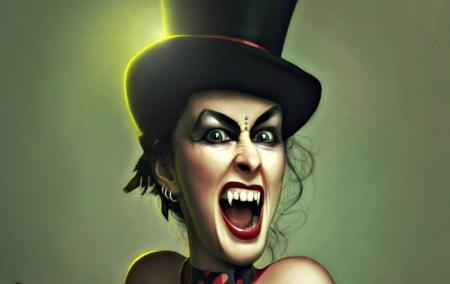 Vampire - hat, girl, vampire, black, fantasy, green, woman, fangs, art