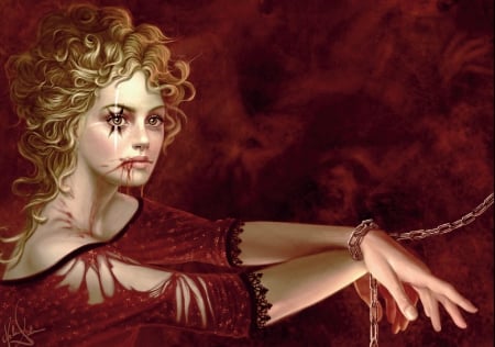 Vampire enchained - red, fantasy, chaines, melanie delon, blonde, girl, woman, art