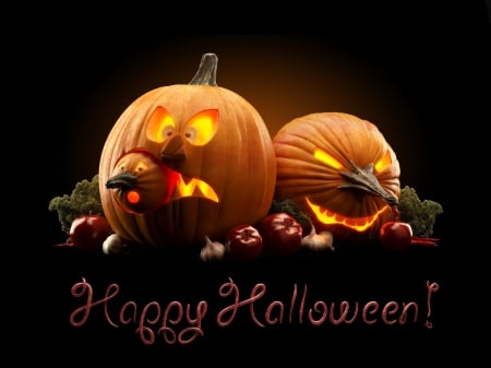 Happy Halloween - jack o lanterns, halloween, happy halloween, pumpkins, onions, parsley, apples, fruit