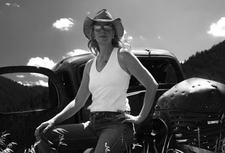 Bullet Riddled Pickup - style, girls, women, pickup, models, hats, cowgirls, cowgirl, shooting, fun, truck, blondes, jeans, fashion, western, ranch, nra, female