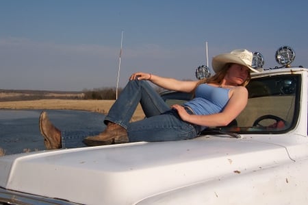 Cowgirl Love Her Truck - boots, hat, cowgirl, truck