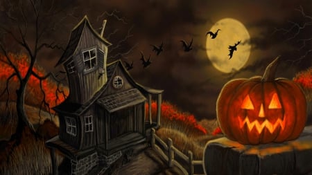 â˜…Halloween Nightâ˜… - love four seasons, cute, attractions in dreams, beautiful, moons, halloween, digital art, night, houses, creative pre-made, lovely, pumpkins, bats, paintings