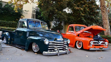 Pair Of Custom Lowered Trucks - truck, lowered, ford, chrvy