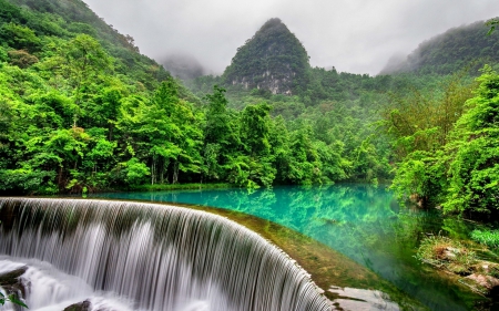 MAGICAL WATERFALL - splendor, landscape, foggy, forest, leaves, green nature, misty, place, sky, clouds, branches, trees, colors, nature, waterfall, enchanting nature, mountains, morning clickz, wild