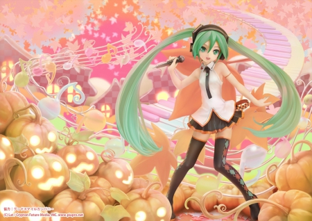 Happy Halloween!! - vocaloid, anime, ponytails, halloween, hatsune miku, long hair, microphone, music notes