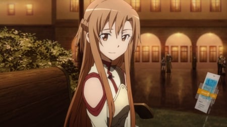 Asuna - pretty, anime, kawaii, female, scene, night, long hair, yuuki, sword art online, sao, nice, anime girl, asuna, beautiful, girl, yuuki asuna, beauty, lovely, brown hair, sweet, knight, asuna yuuki, cute, adorable