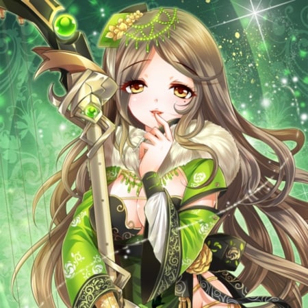 Green Bow - cute, beautiful, anime girl, adorable, girl, bow, fantasy, magic, pretty, kawaii, beauty, sweet, brown hair, anime, long hair, nice, lovely, female, green