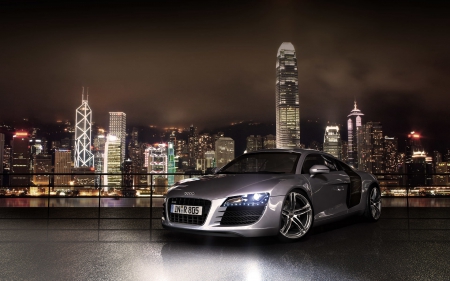 audi r8 - night, audi, building, cityscape