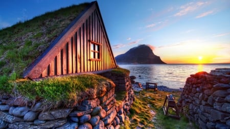 House in Nature - mountains, house, sunset, sea, nature