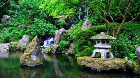 Japanese Garden - hdr - waterfalls, trees, japanese gardens, nature, green, gardens