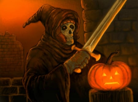 ★Knight in Halloween★ - pumpkins, creative pre-made, paintings, digital art, sword, weird things people wear, drawings, skeletons, knight, fantasy, halloween, love four seasons