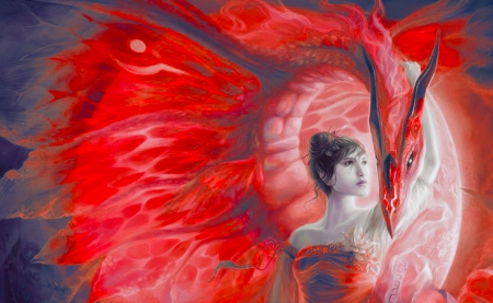 Red Dragon - woman, nice, girl, wallpaper, fantasy, art, abstract, red, beautiful, dragon, digital