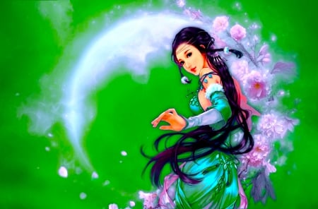 Emerald Beauty - wallpaper, digital, beauty, beautiful, flowers, blossom, girl, art, cg, fantasy, asian, woman, green