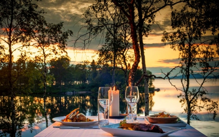 Dine near the lake - table, sky, lake, trees