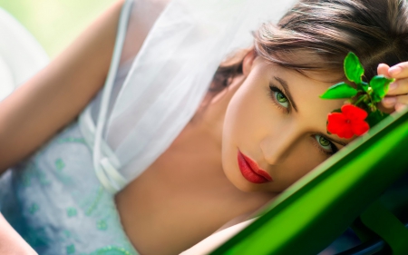 Beauty - red, flower, beauty, girl, woman, eyes, green